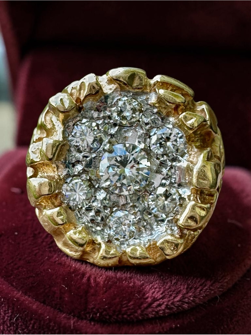 Men's vintage 14K Gold 1.09 CTW Round Brilliant Diamond Nugget Ring  19.10g